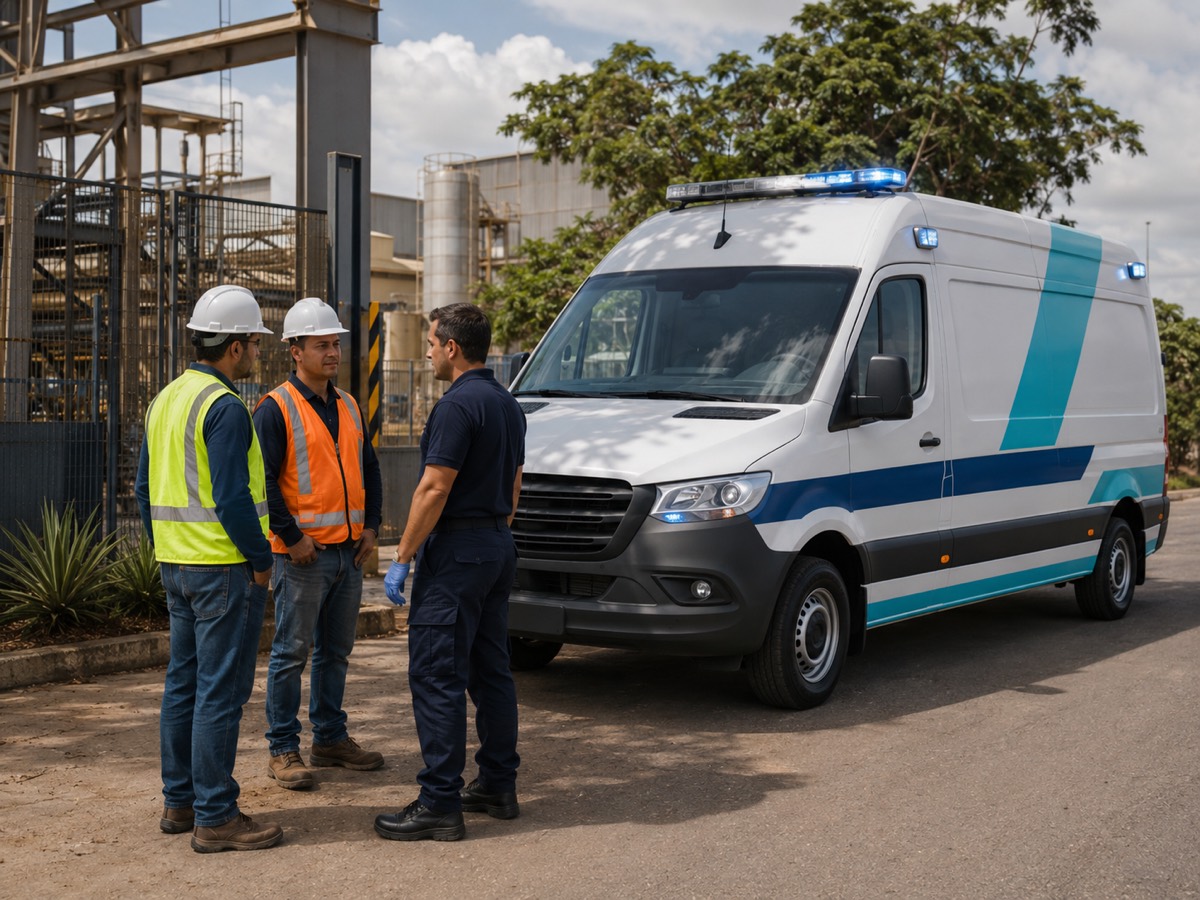 Ambulância da Acolher na portaria de uma indústria